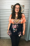 Pumpkin and Navy Mixed Print Babydoll Top