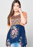 Pumpkin and Navy Mixed Print Babydoll Top