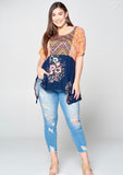 Pumpkin and Navy Mixed Print Babydoll Top